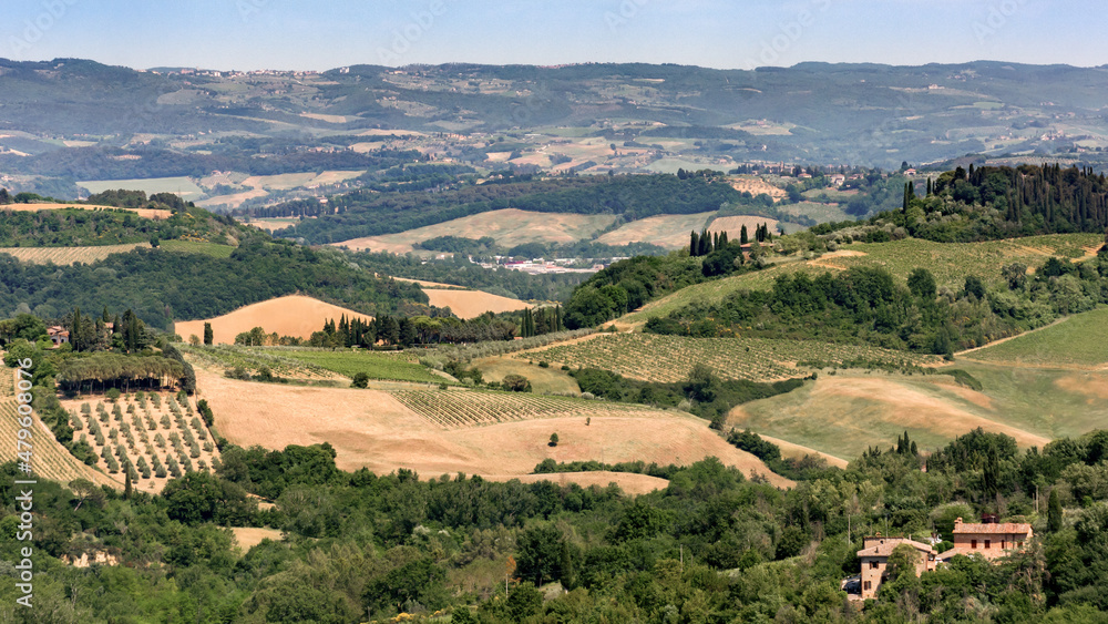 Landscape scenery of the beautiful hills, trees and fields of Tuscany, Italy
