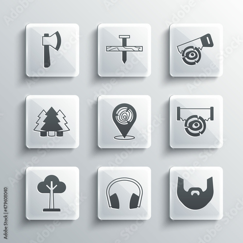 Set Headphones  Mustache and beard  Two-handed saw log  Wooden logs  Tree  Christmas tree  axe and Hand icon. Vector