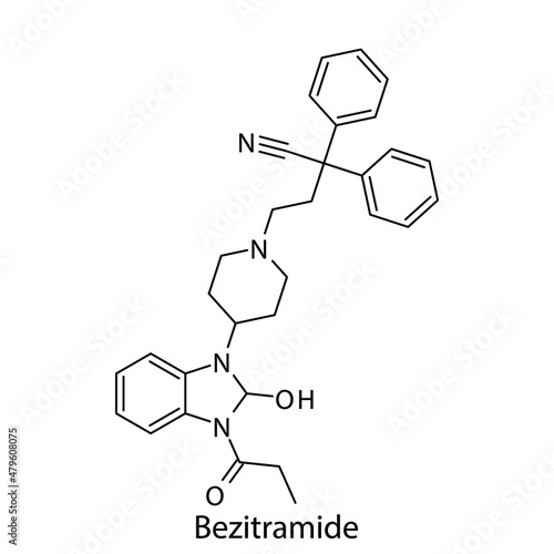 Bezitramide molecular structure, flat skeletal chemical formula. Opioid, painkiller, narcotic, analgesic . Vector illustration.