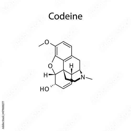 Codeine molecular structure, flat skeletal chemical formula. Opioid, painkiller, narcotic, analgesic drug used to treat . Vector illustration.