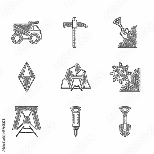 Set Mine entrance, Construction jackhammer, Shovel, Bucket wheel excavator, Gem stone, and and Mining dump truck icon. Vector