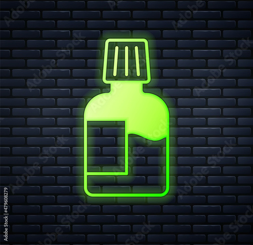 Glowing neon Mouthwash plastic bottle icon isolated on brick wall background. Liquid for rinsing mouth. Oralcare equipment. Vector