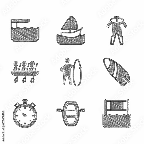 Set Surfboard, Boat with oars, Water volleyball net, Stopwatch, Canoe rowing team sports, Wetsuit for scuba diving and Diving springboard icon. Vector