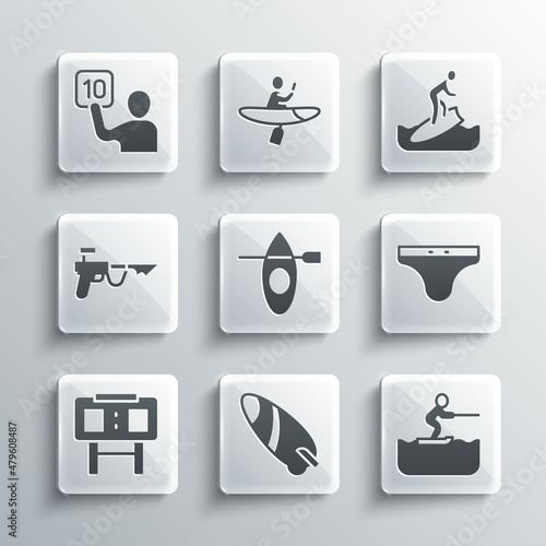 Set Surfboard, Water skiing man, Swimming trunks, Kayak and paddle, Sport mechanical scoreboard, Fishing harpoon, Assessment of judges and icon. Vector