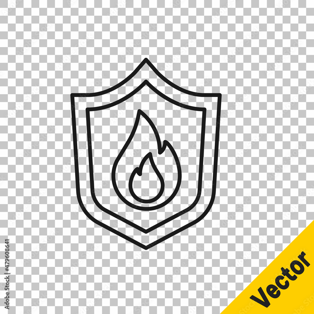 Black line Fire protection shield icon isolated on transparent background. Insurance concept. Security, safety, protection, protect concept. Vector Black line Fire protection shield icon isolated on transparent background. Insurance concept. Security, safety, protection, protect concept. Vector