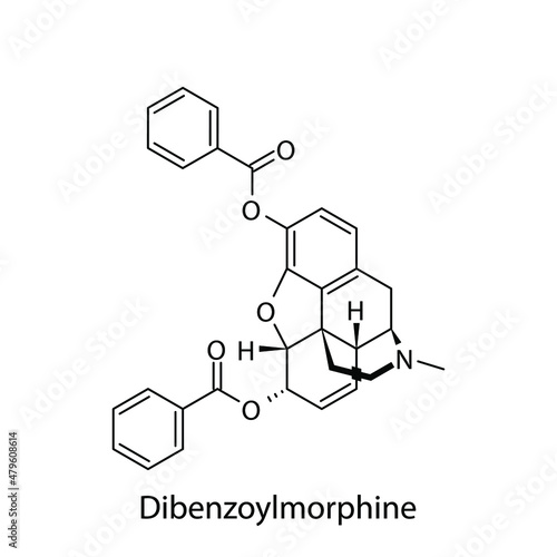 Dibenzoylmorphine molecular structure, flat skeletal chemical formula. Opioid, painkiller, narcotic, analgesic drug used to treat . Vector illustration.