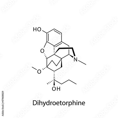 Dihydroetorphine molecular structure, flat skeletal chemical formula. Opioid, painkiller, narcotic, analgesic drug used to treat . Vector illustration.