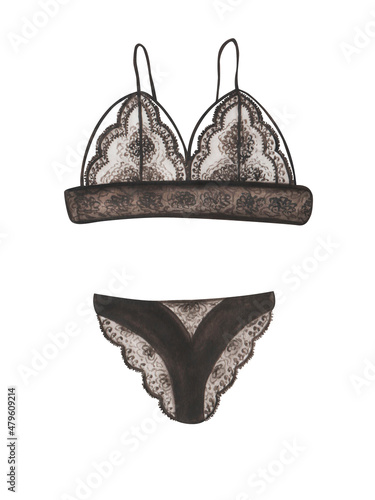 Watercolor illustration of hand painted black lace lingerie, woman underwear, bra and panties and little hearts Fototapet