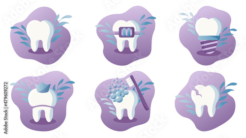 Set of flat modern illustration of teeth. Dental implant, tooth with braces, dental crown, broken tooth, teeth cleaning.