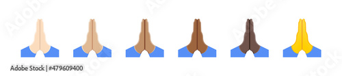 Folded hands emoji set. Vector icon. Folded hands of various skin tones. Human Hands Folded in prayer. Clasped hands. Mudra Namaste. Appeal to heaven, request for donate