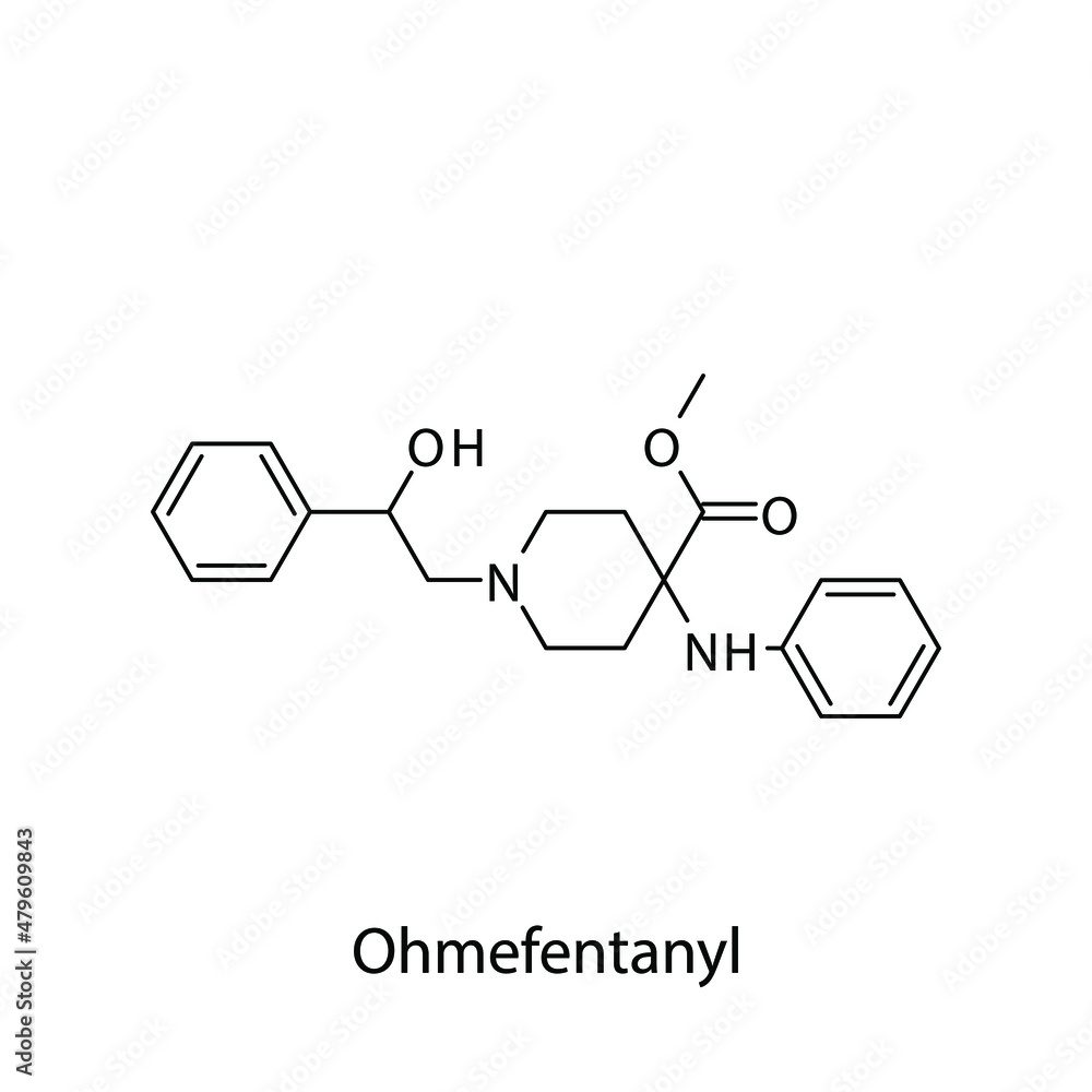 Ohmefentanyl molecular structure, flat skeletal chemical formula. Opioid, painkiller, narcotic, analgesic drug used to treat . Vector illustration.