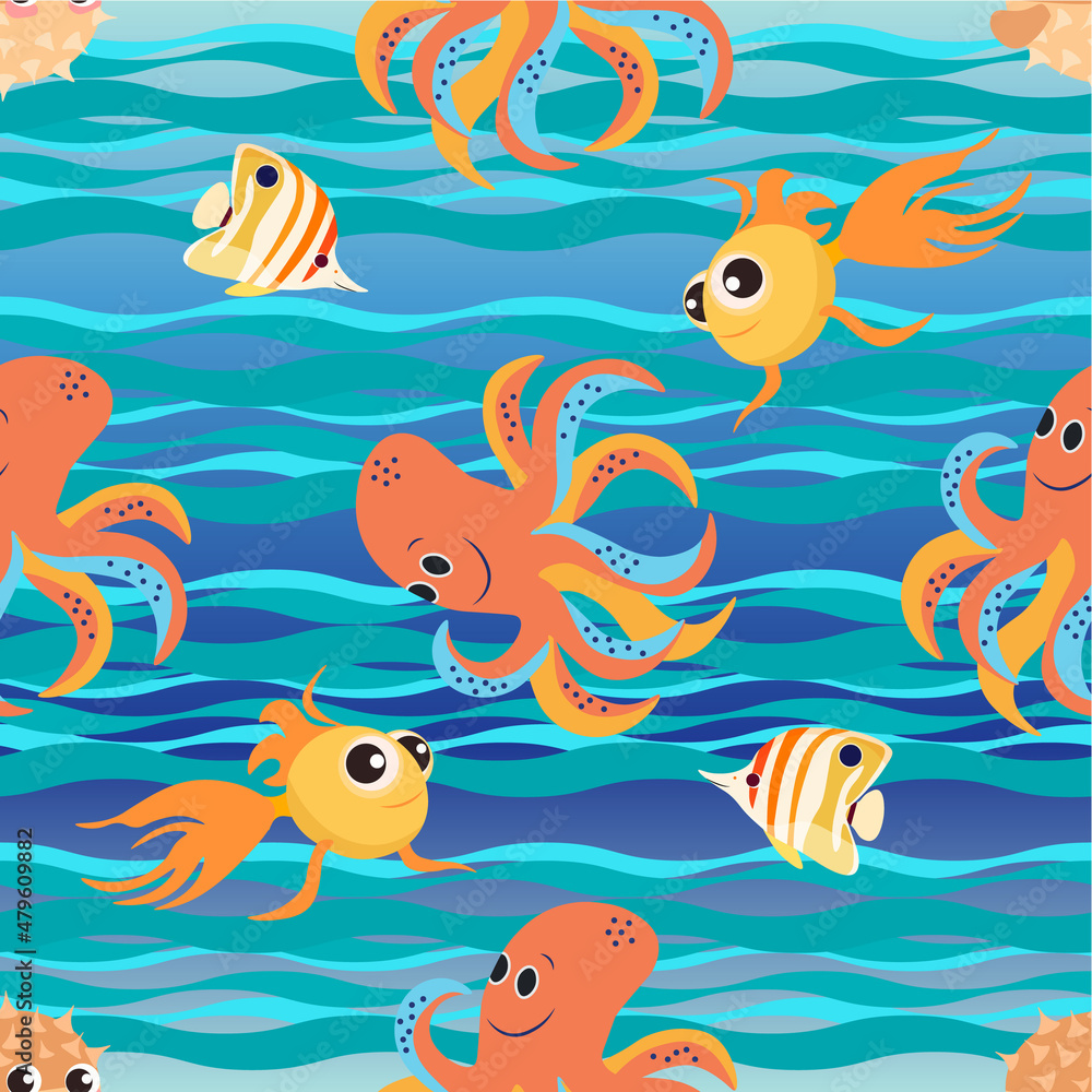 Seamless pattern of sea creatures, fish, algae and sea stones and shells on a bright, beautiful, abstract sea background, vector illustration