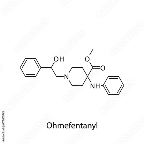Ohmefentanyl molecular structure, flat skeletal chemical formula. Opioid, painkiller, narcotic, analgesic drug used to treat . Vector illustration.