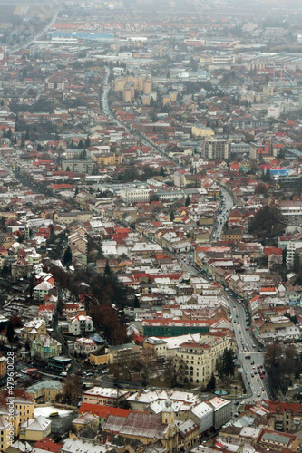 Old town of Brasov, Romania from above. Beautiful winter cityscape. 