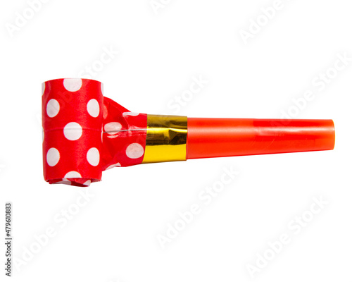 Party blowout noisemaker red color dots horn isolated on the white background