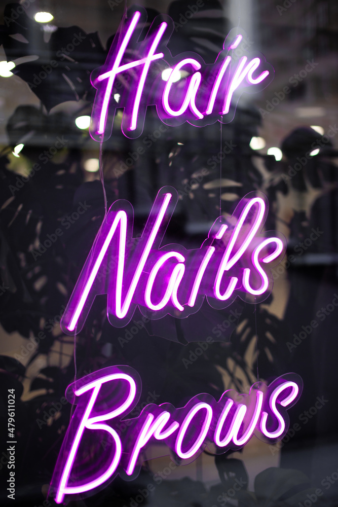Beauty salon neon sign hair, nails, brows Beauty salon neon sign hair, nails, brows