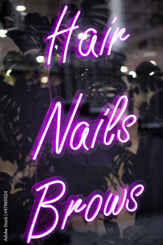 Beauty salon neon sign hair, nails, brows