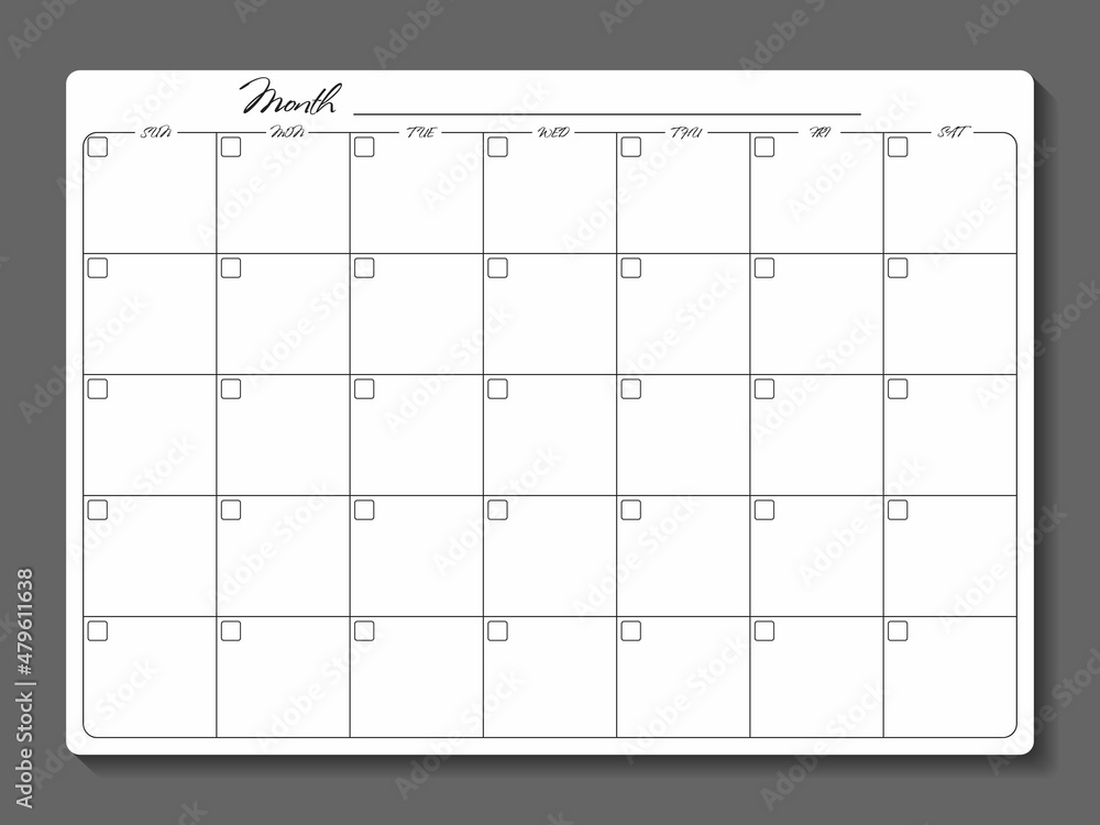 Monthly planner template. Blank notebook page isolated on grey. Paper sheet. - obrazy, fototapety, plakaty 