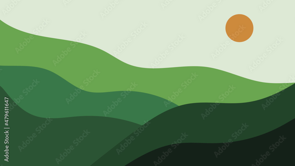 illustration of a background with leaves color or green color vector art. illustration of a sunset in the sky. 