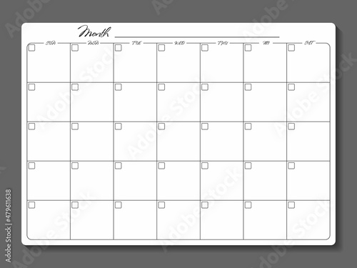 Monthly planner template. Blank notebook page isolated on grey. Paper sheet.