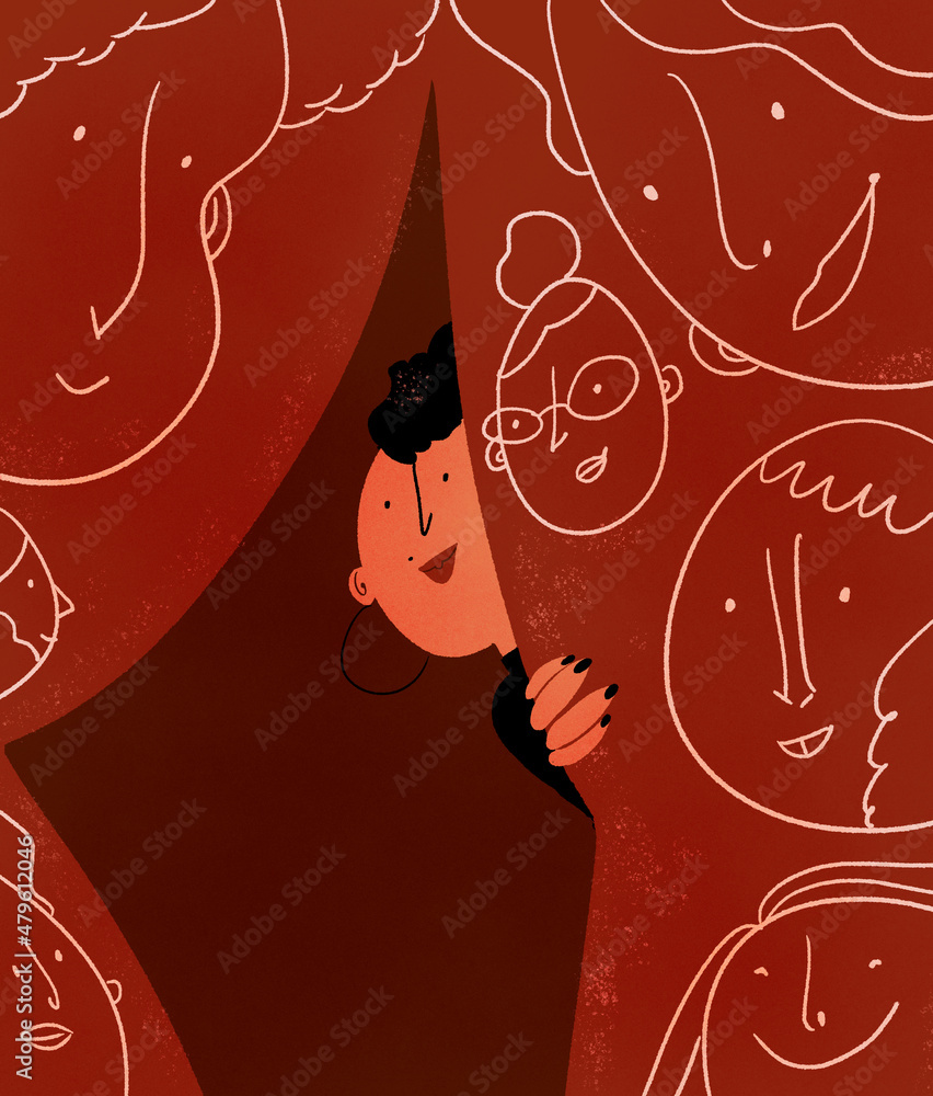 Woman behind face patterned red curtains - obrazy, fototapety, plakaty 