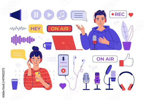 Large set with elements of podcast, sound recording, listening to audio, live broadcast on a white background. Microphone, headphones, laptop, speech bubbles. Isolated flat vector illustration