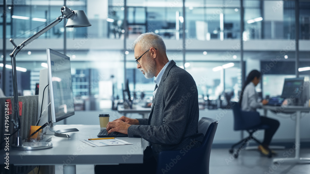 Modern Office: Portrait of Successful Middle Aged Bearded Businessman Working on a Laptop at his Desk. Smiling Corporate Worker. Multi-Ethnic Workplace with Happy Professionals. Modern Office: Portrait of Successful Middle Aged Bearded Businessman Working on a Laptop at his Desk. Smiling Corporate Worker. Multi-Ethnic Workplace with Happy Professionals.