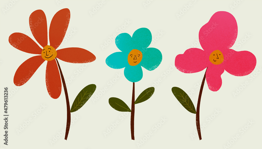 Three flower with smiling faces