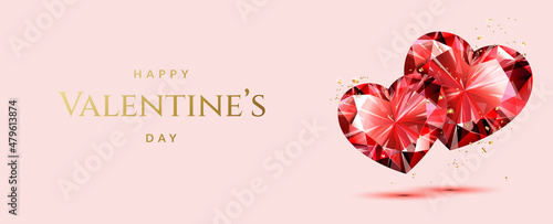 Romantic Valentine's Day background with red diamond pair of hearts and with golden confetti