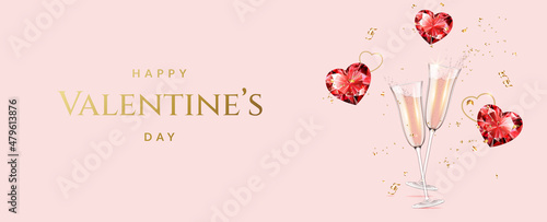Romantic Valentine's Day background with champagne flutes and red diamond hearts with golden confetti.