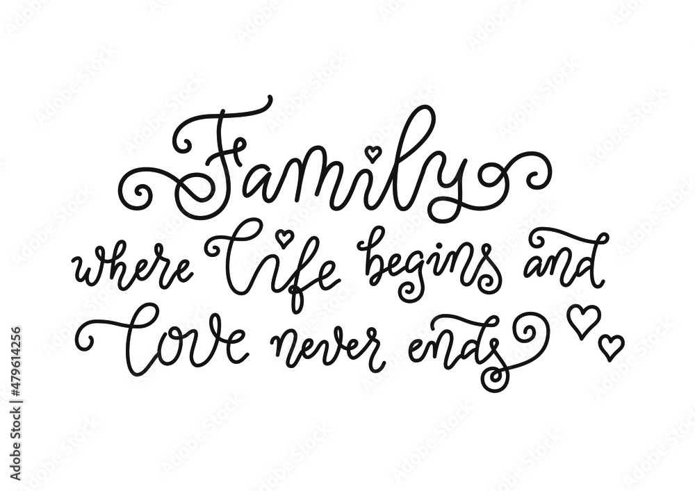 Modern calligraphy lettering of Family where life begins and love never ends in black on white background for poster, decoration, valentine, design, postcard, greeting card, birthday Modern calligraphy lettering of Family where life begins and love never ends in black on white background for poster, decoration, valentine, design, postcard, greeting card, birthday