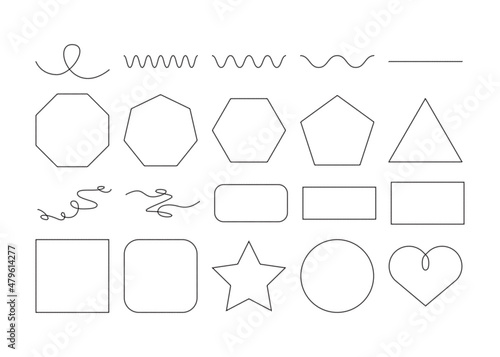 Set of twisted curled line polygons, wavy lines, circles, star, looped wavy yarn and heart shape