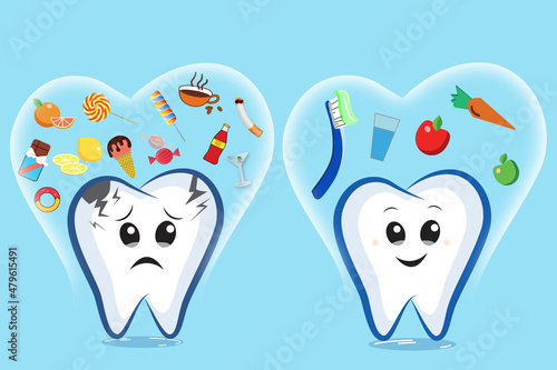 Εκτύπωση καμβά Healthy and unhealthy teeth and different products on turquoise background, illustration