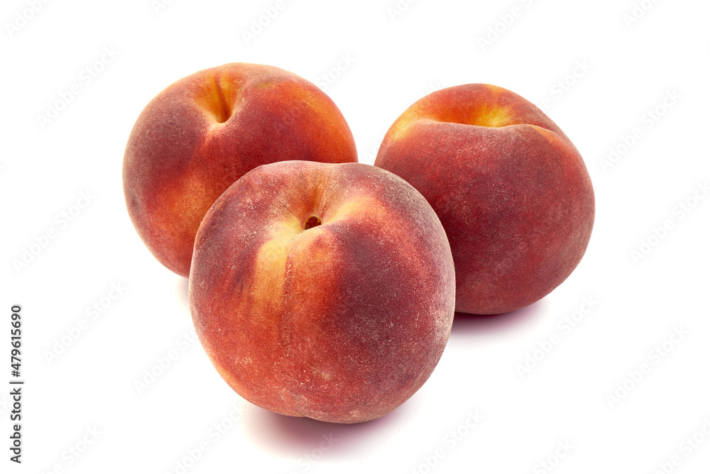 Fresh peaches, isolated on white background.