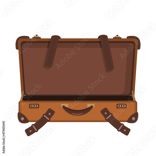 vintage leather classic travel open suitcase in flat style