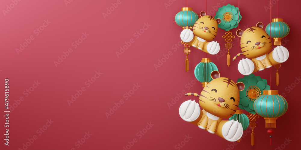 Naklejka premium Happy Chinese New Year 2022. Year of the tiger.3d rendering