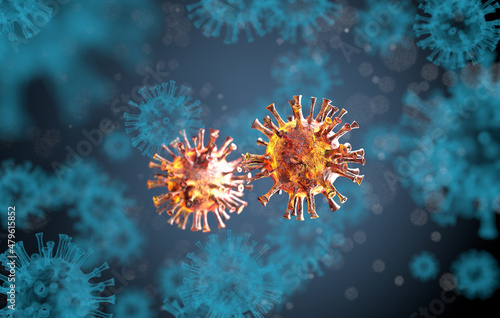 Coronavirus (covid-19, SARS CoV 2)  under microscope. 3d rendering © Iurii Kachkovskyi