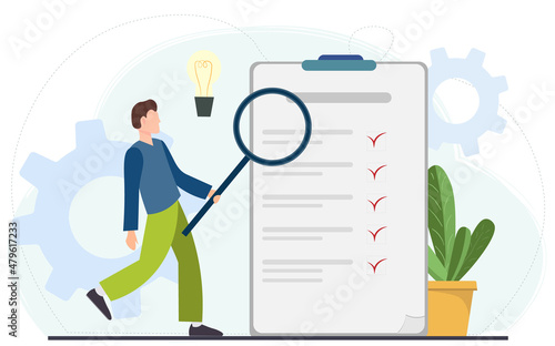 Young happy man holding magnifying glass and examining check list or document, business analysis, audit, research concept, flat vector illustration