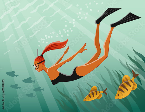 Young woman in mask fins diving snorkeling among fish sea plants