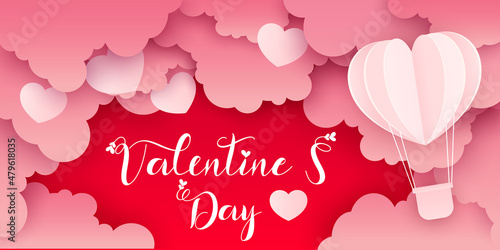 Valentines day sale background with Heart Balloons and clouds. Paper cut style. Can be used for Wallpaper, flyers, invitation, posters, brochure, banners. Vector illustration.