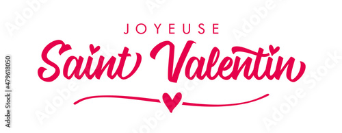 Joyeuse saint Valentin French calligraphy - Happy Valentines Day card. Horizontal Valentine holiday pink lettering, romantic header for website template, France banner design. Festive vector