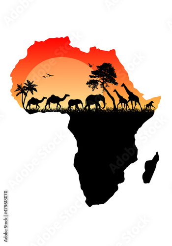 Africa map with wild animals, trees and sun, vector illustration