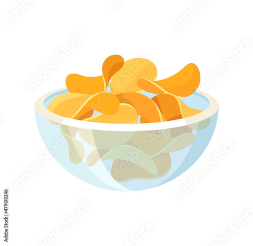 Natural chips concept. Colorful sticker with fried vegetable chips. Snack in glass container. Delicious but unhealthy food or dish. Cartoon flat vector illustration isolated on white background
