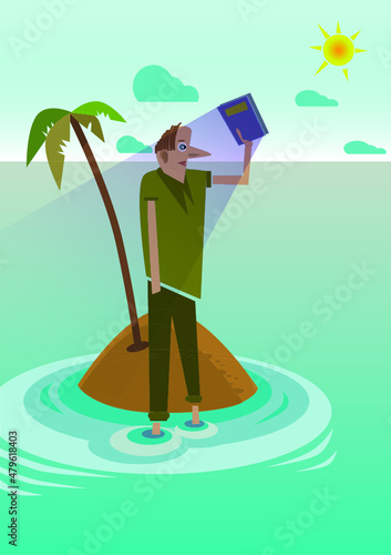 Editorial illustration. A castaway protects himself from the sun with a book