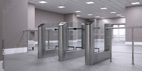 Two turnstiles inside the building. Access control equipment. Access control. Turnstiles with e-card readers at the entrance to the business center. 3d render
