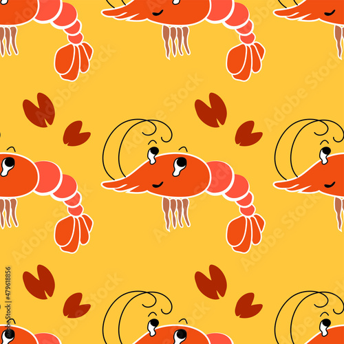 Shrimps and mussels cartoon. Seamless pattern. Vector illustration.