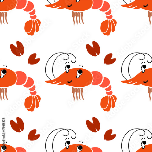 Shrimps and mussels cartoon. Seamless pattern. Vector illustration.