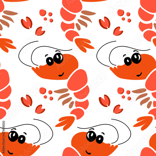 Shrimps and mussels cartoon. Seamless pattern. Vector illustration.