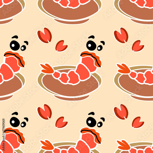 Shrimps and mussels cartoon. Seamless pattern. Vector illustration.