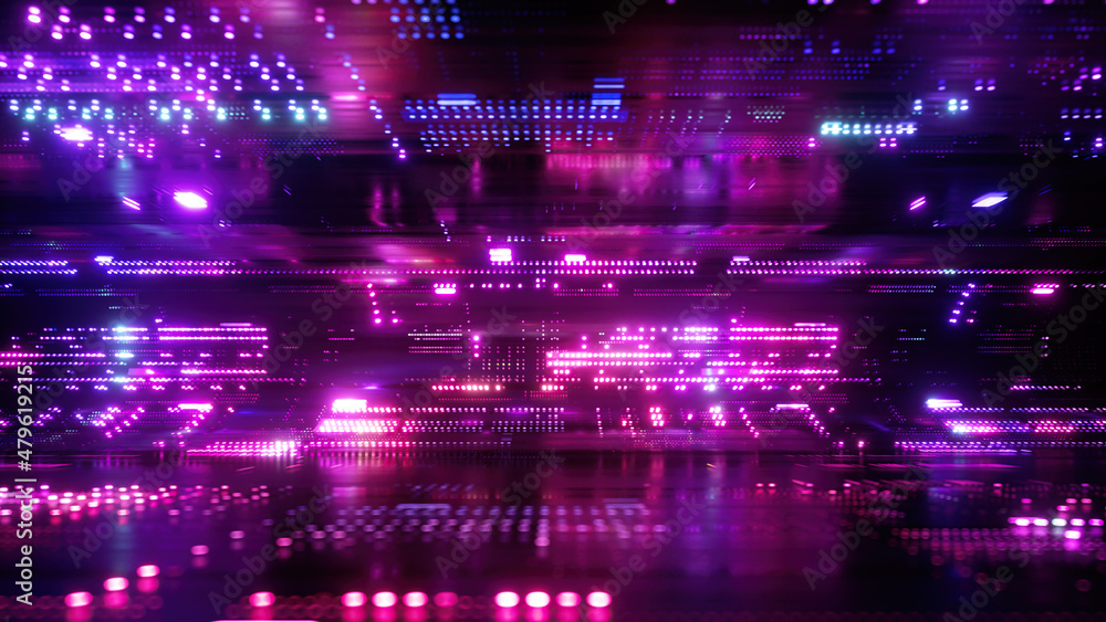 3d render, abstract neon background with glowing lines and dots, cyber space metaphor, digital futuristic wallpaper - obrazy, fototapety, plakaty 